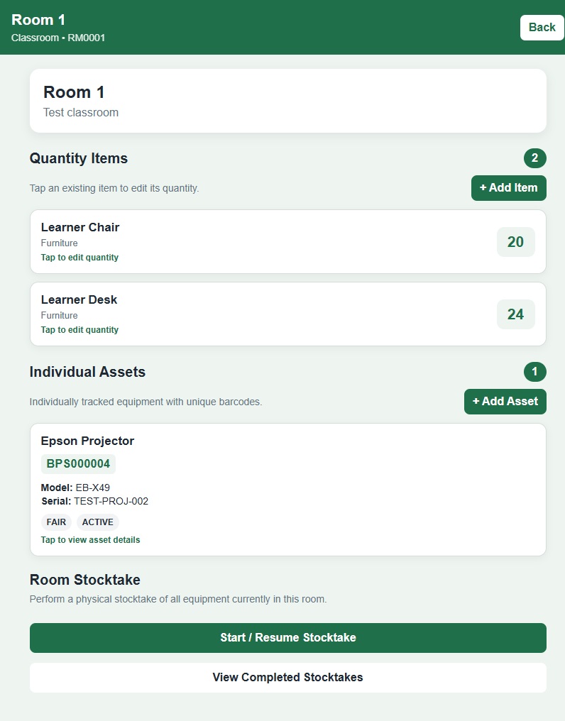 Room Stock screen listing chairs, desks and an individually tracked projector